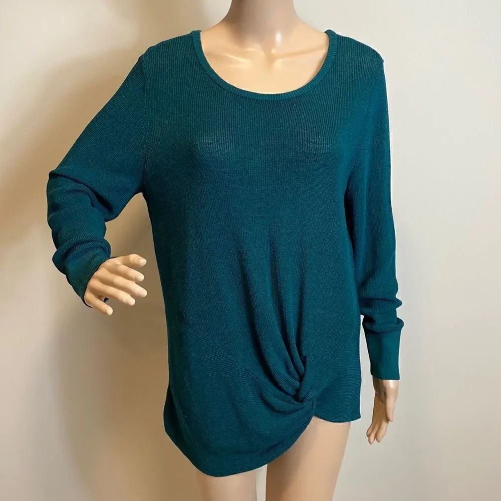 Chico’s cotton blend forest green knit side twist sweater size LP